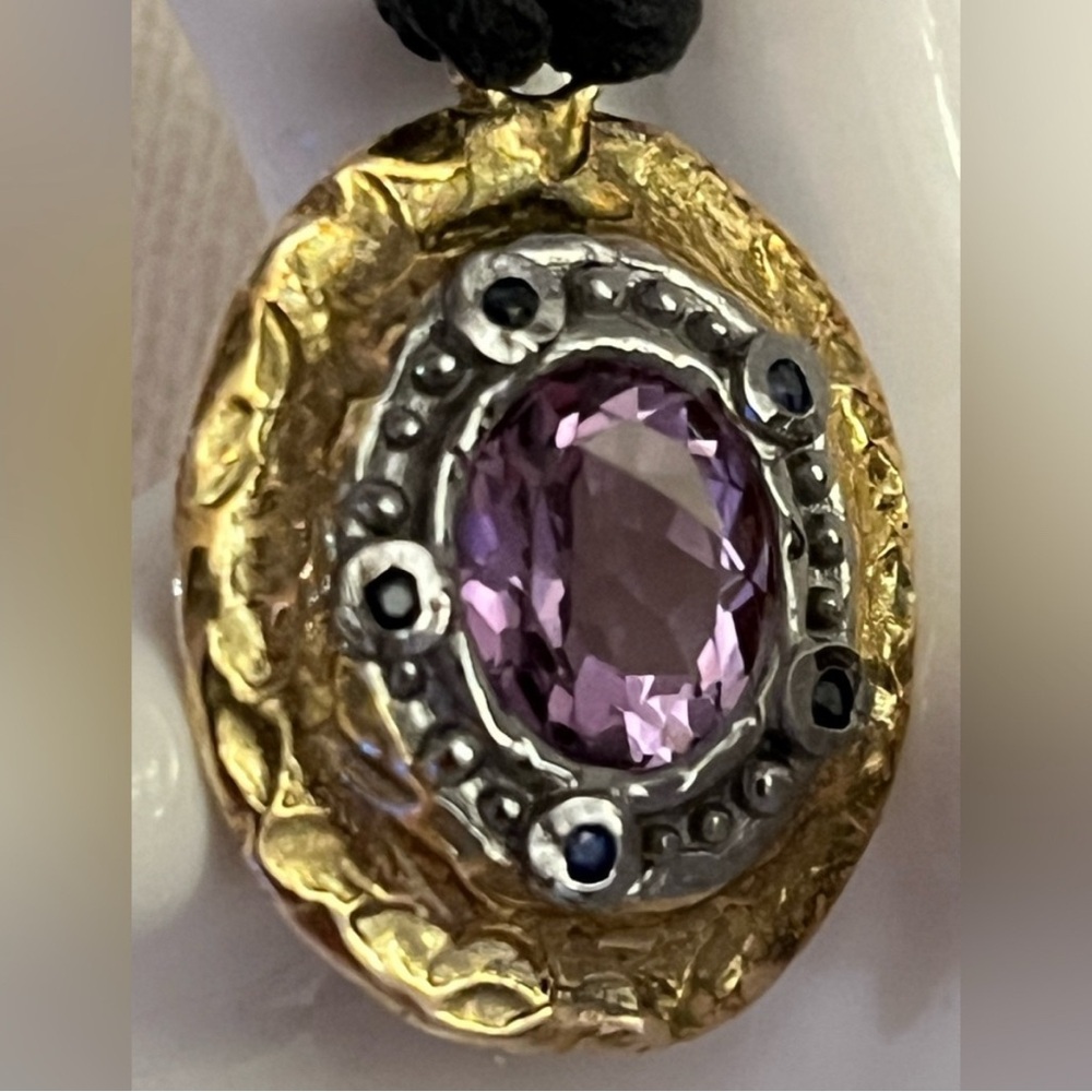 Gold/Silver Made Italy 🇮🇹 Pendant Necklace with Purple Gemstone - Picture 12 of 16